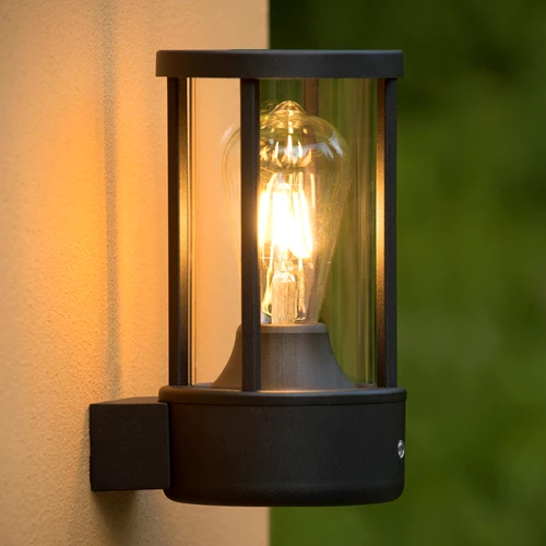 Lucide LORI - Wandlamp Binnen/Buiten - Ø 12 cm - 1xE27 - IP44 - Dag/nacht sensor - Antraciet - sfeer 1